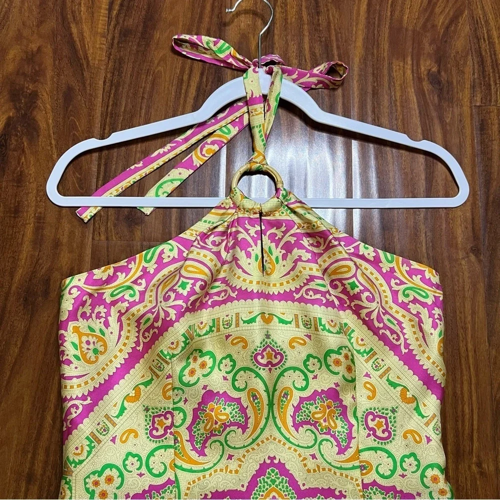 J McLaughlin Silk Halter Bright Paisley Medallion Print Dress size 2 - Picture 2 of 15